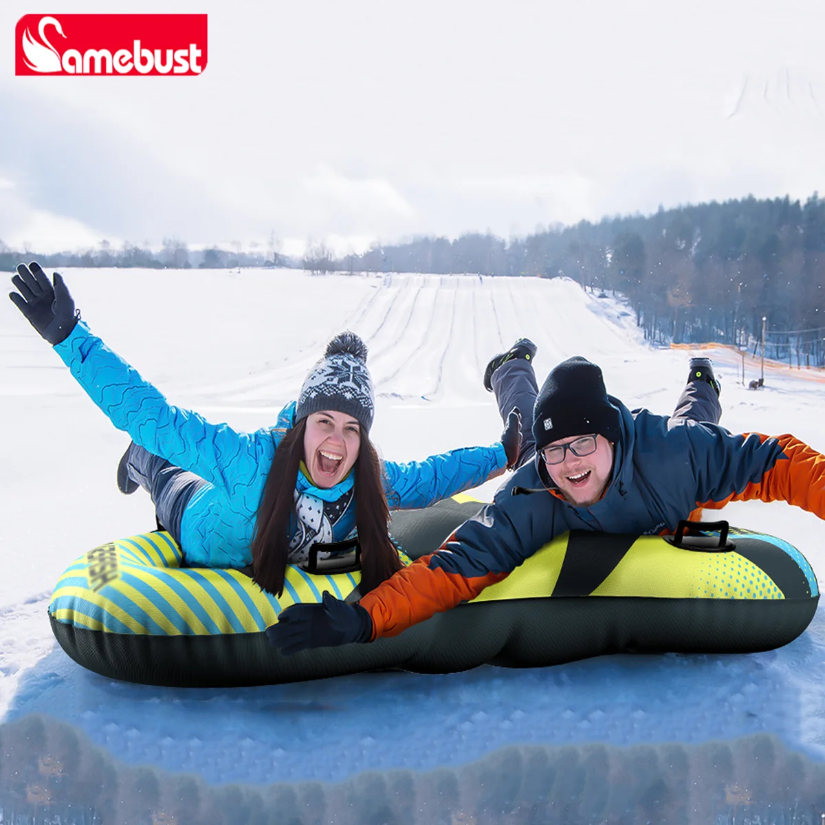 Camebust أنبوب ثلج قابل للنفخ مزدوج الحجم 2 مقاعد كبيرة نفخ زلاجات الثلج الثقيلة البلاستيكية أنابيب التزلج القابلة للنفخ لفصل الشتاء #1