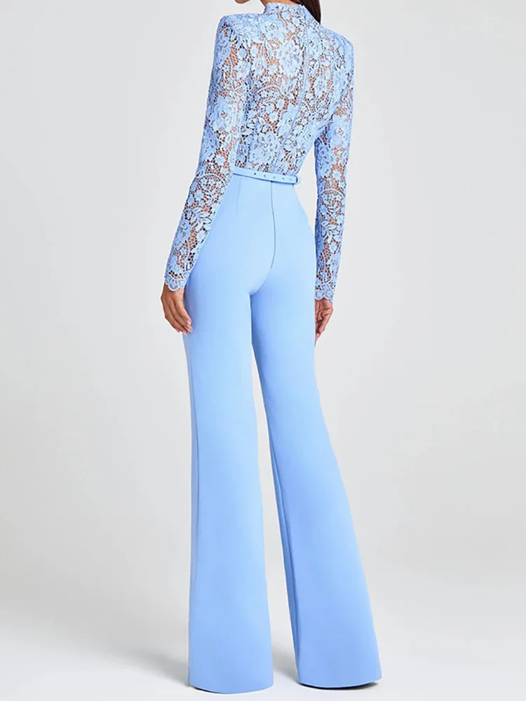 Long Sleeve Flare Pants Simple Jumpsuits, Women Autumn Hollow Out Fashion Playsuits, Sashes Patchwork Elegant Ladies Bodysuits