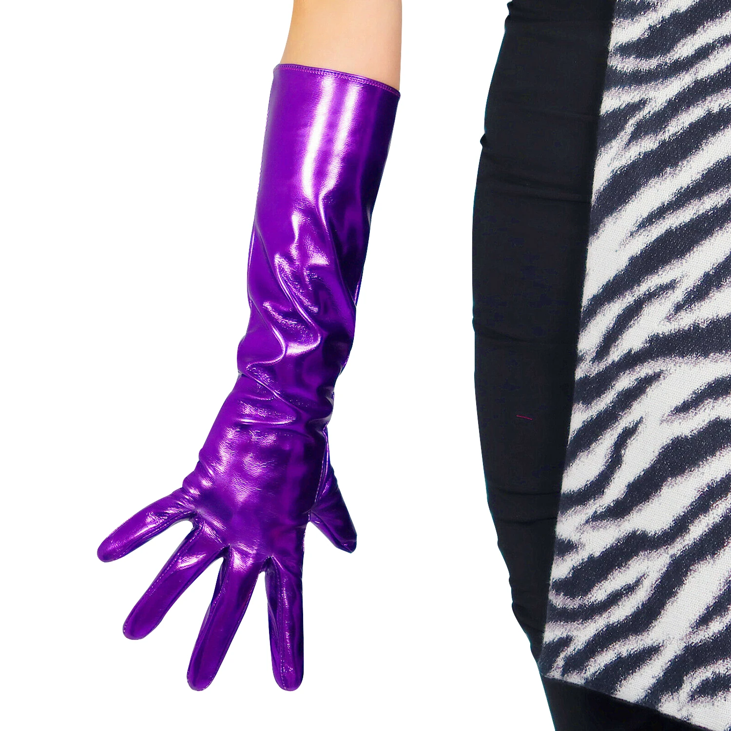 DooWay Women's Shine Dark Purple GLOVES Faux Patent Leather LATEX 40cm Elbow Long Evening Christmas Fashion Show Costume Glove