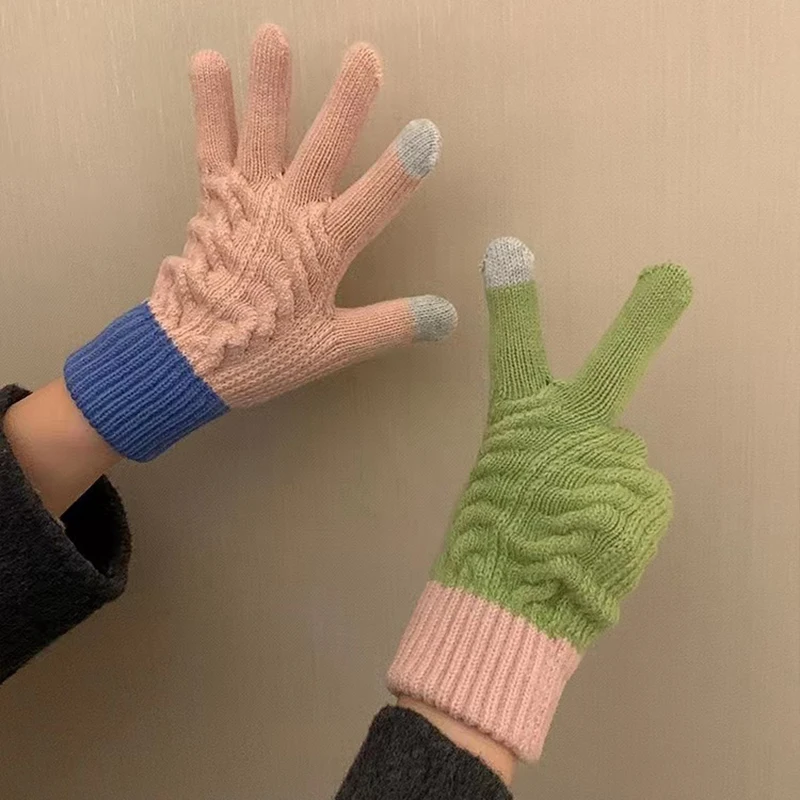 Fashion Touch Screen Elastic Full Fingers Wool Knitted Gloves Women Winter Mittens  Solid Color Mittens Thicken Warm Gloves