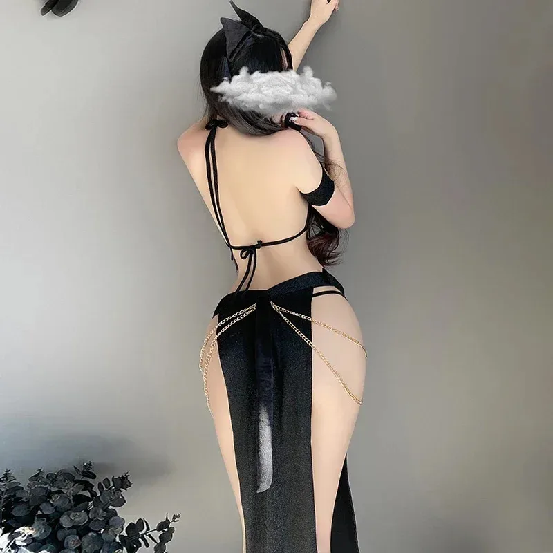 

A2025 New Egyptian Cat Girl Lingerie Dress Sexy Halter Neck Bras High Split Temptation Women Underwear Nightgown Call o ★ HAxiba