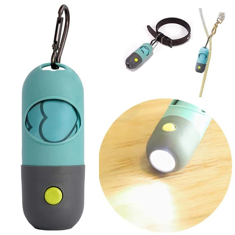 Dispensador de bolsas de caca de perro con luz Led portátil, cierre de Metal duradero, distribuidor de bolsas de residuos de mascotas, accesorio de correa fácil