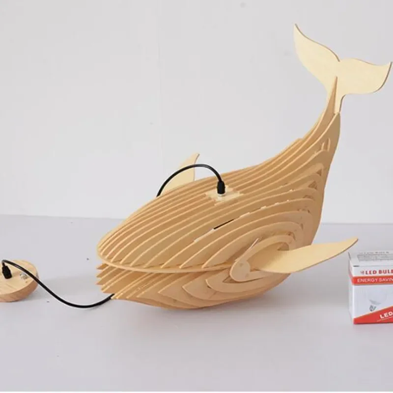 Big Wooden Fish Pendant Lamp E27 Wood Whale Hanging Light Chanderlier Fish Light for Kids Room Japanese Sushi Bar Lighting