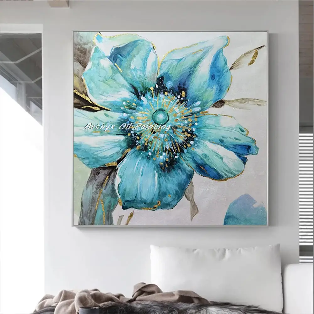 Arthyx Handpainted Dold Foil Flower Oil Painting On Canvas,Modern Abstract Pop Art Wall Pictures For Living Room,Home Decoration