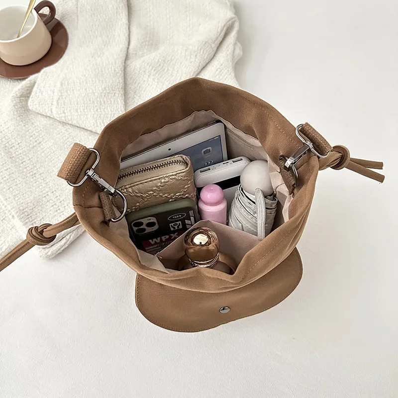2025 Spring Favorite! Women's Simple Canvas Drawstring Bucket Bag, Wide Strap Crossbody, Stylish & Versatile