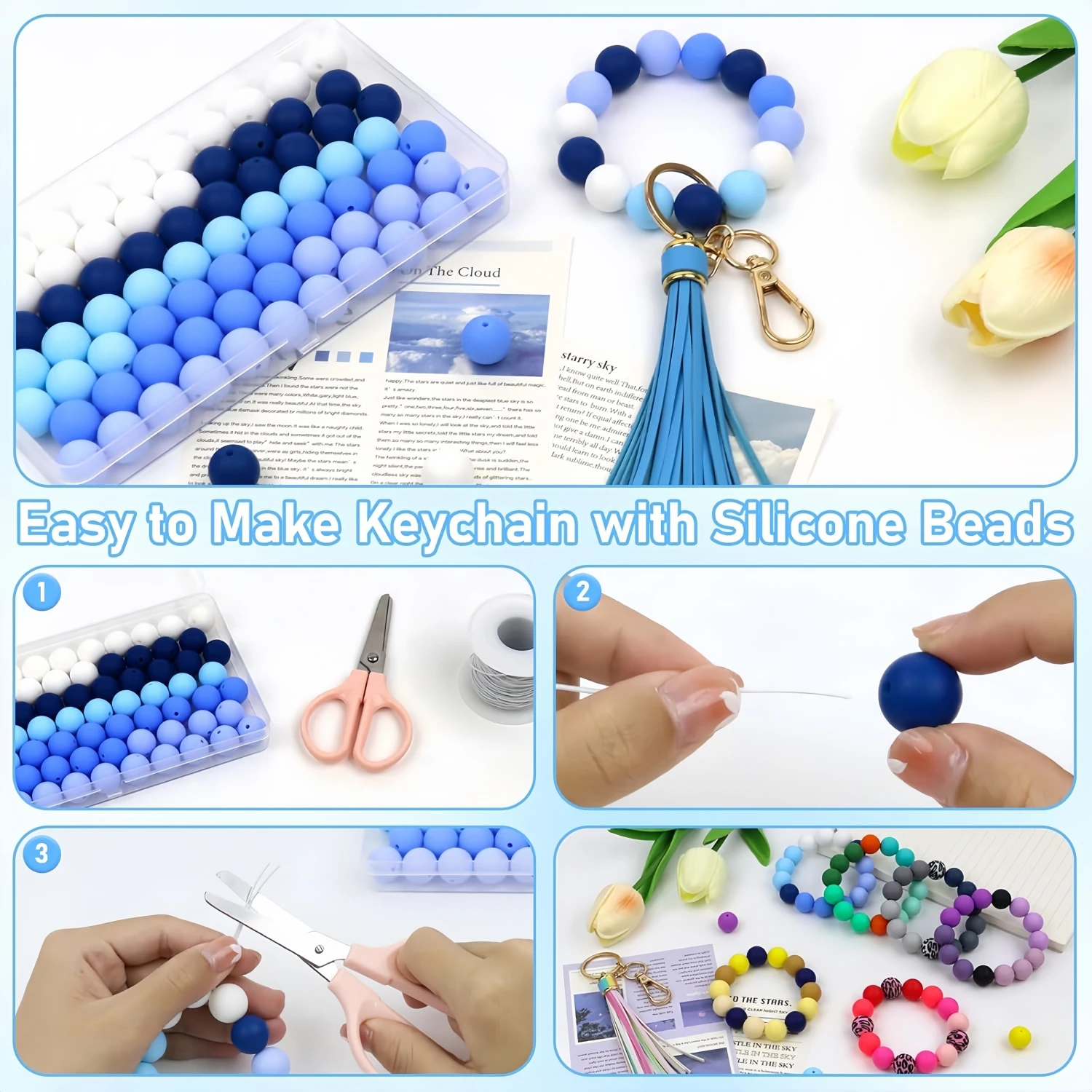 15mm Silicone Beads, Blue Series Navy Theme Beads, Silicone Beads in Bulk for Key Chain Making, 65/90 Round Rubber Multi-Color Silicone Beads for