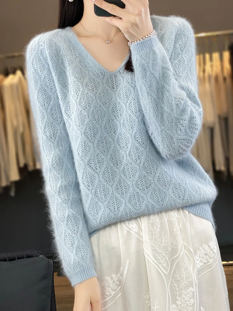 Spring Autumn 100% Mink Cashmere Sweater Women\'s V-Neck Pullover New Knitwear Top Long Sleeve Jumper Loose Hollow Out Clothing