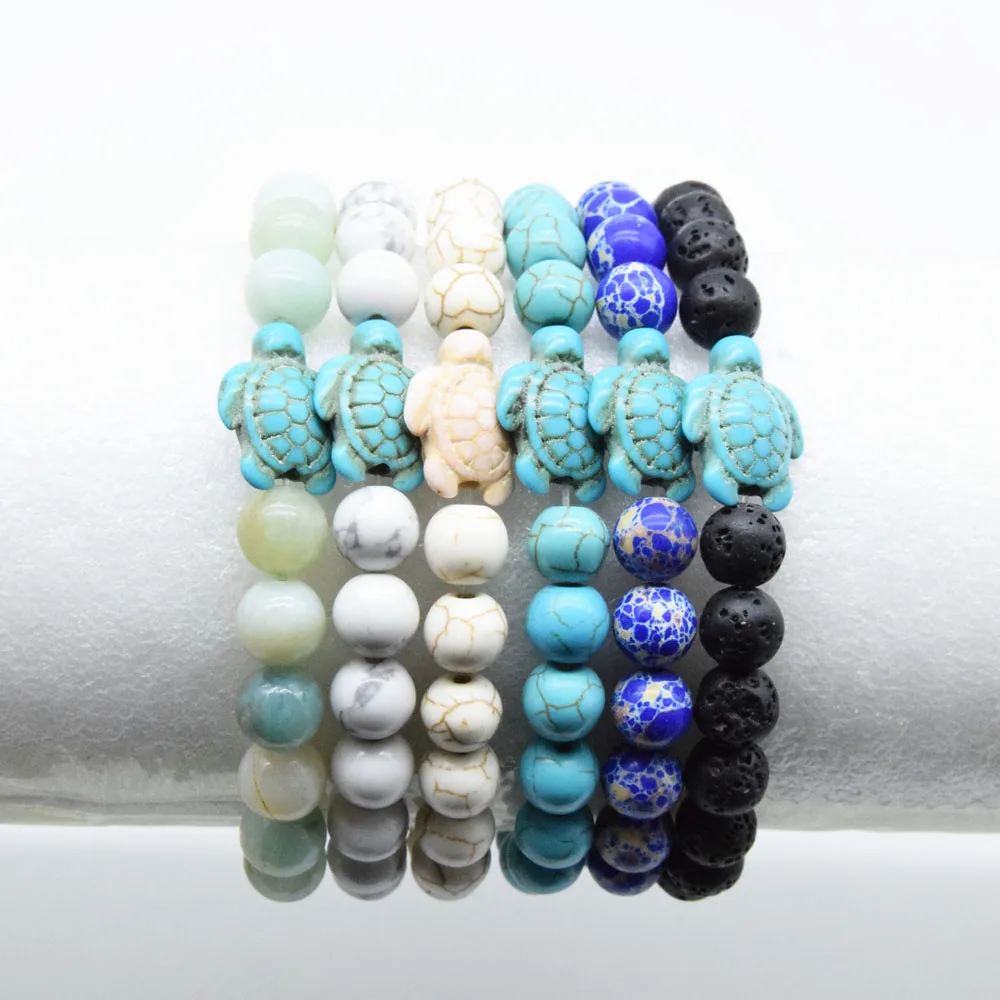 2 Stücke Neujahr Mann Armband Schildkröte Strand Meer Grün Stein Weiß Türkis Faux Armbänder Armreif Schmuck Für Frauen Männer Festal geschenk