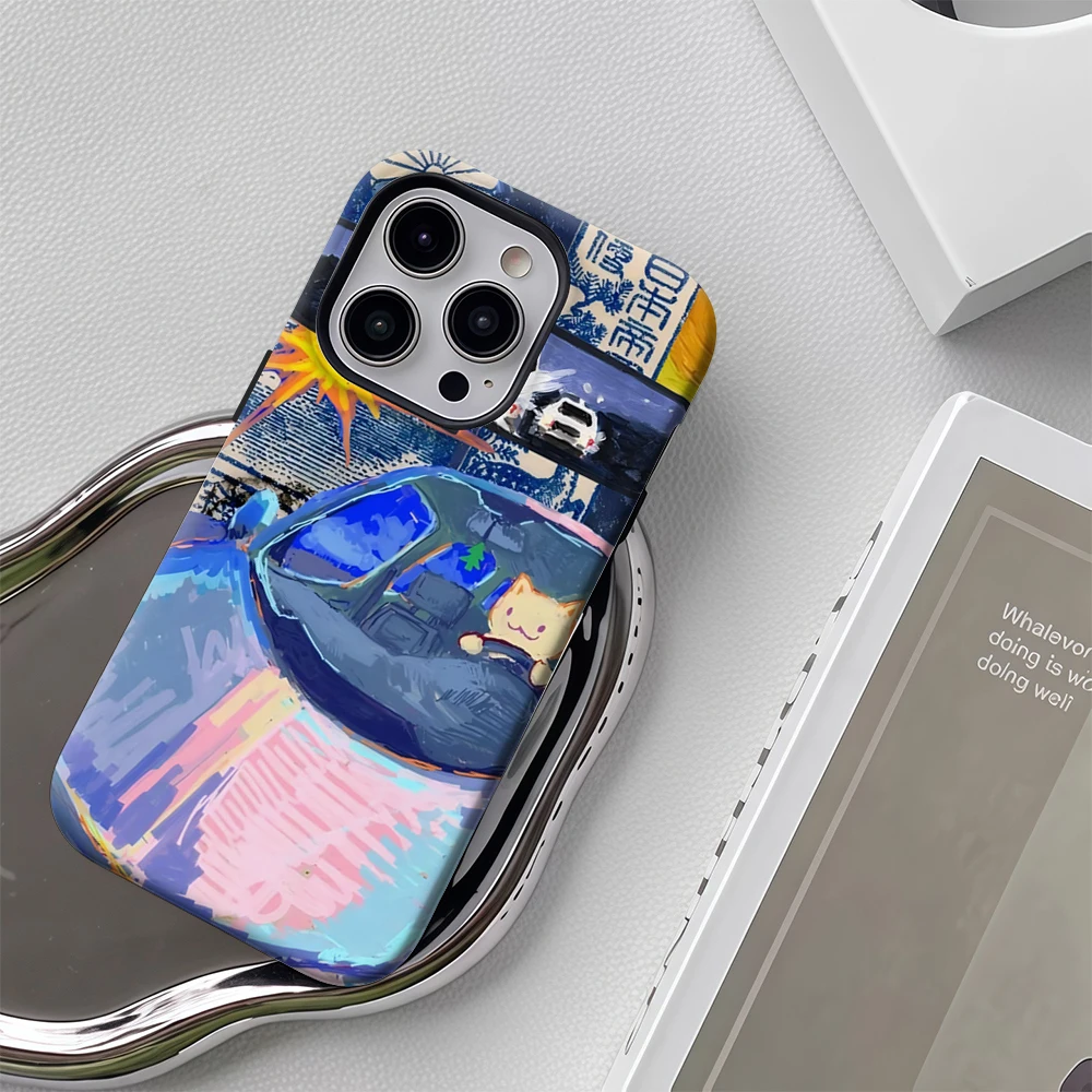حافظة هاتف Kittys Drive IPhone17 يجب اقتناؤها لهاتف IPhone 17 16 15 14 13 12 76 Pro Max Plus غطاء خلفي مزدوج الطبقة