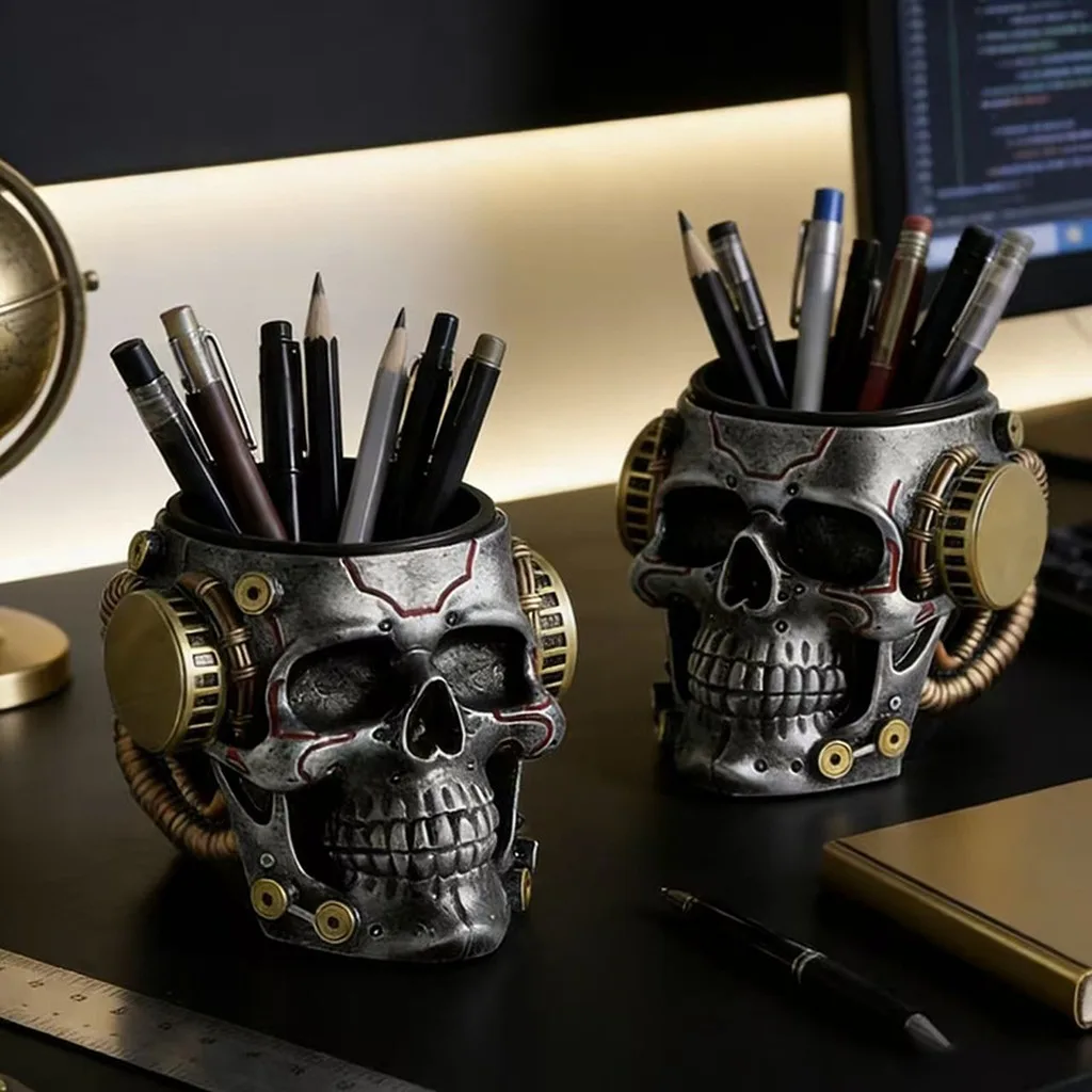 Cyberpunk Mechanical Skull Pen Holder, Multifunctional Decorative Desk Storage Organizer for Home Office Student Desktop Decor