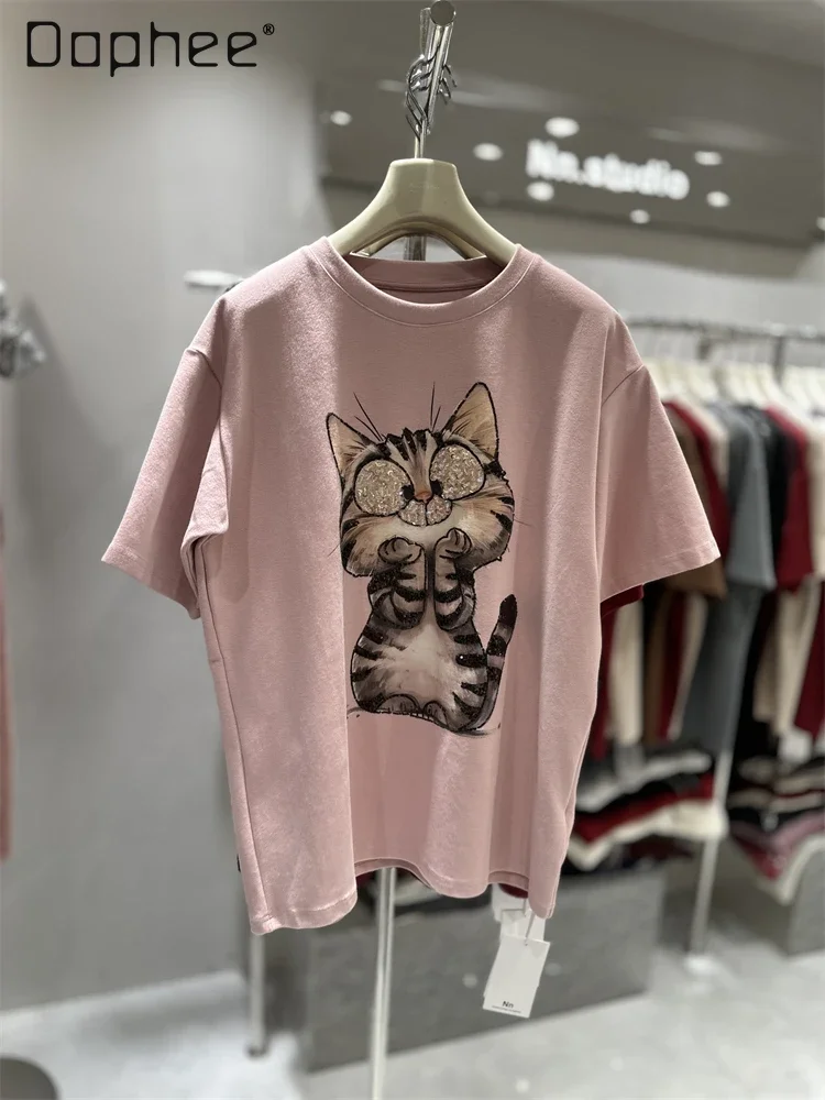 Heavy Industry Thick Cotton Short-sleeved T-shirt Women's Winter 2024 New Versatile Mid Length Bead Cartoon Cat Half-sleeved Top