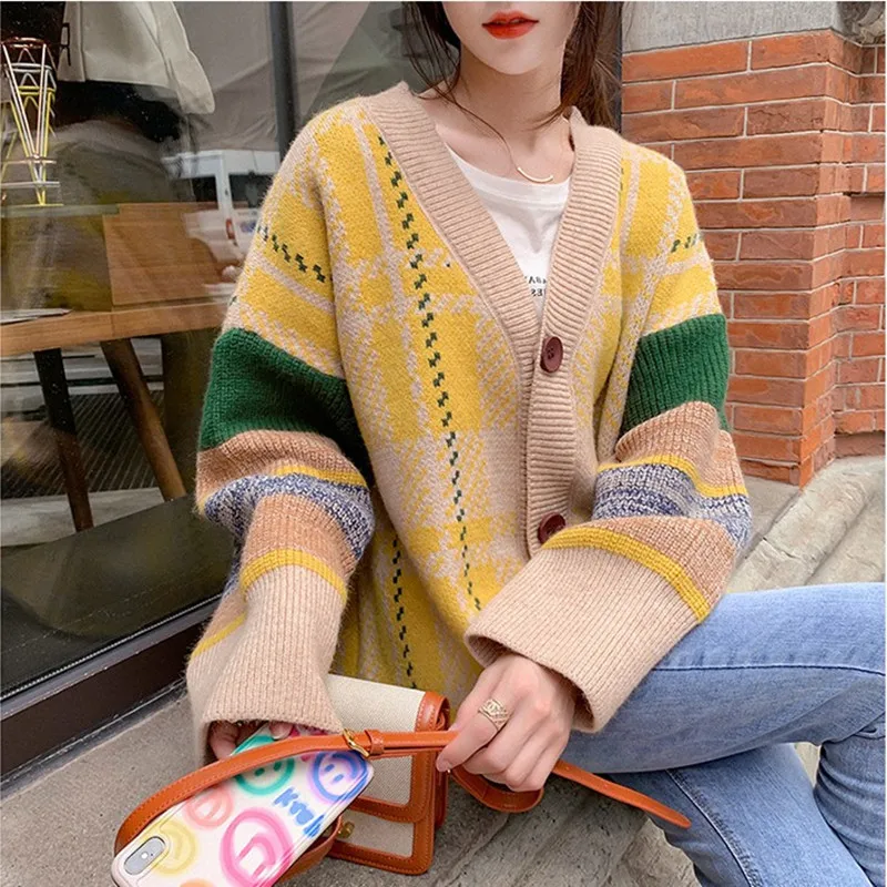 

Cardigan Women Autumn Panelled Simple Korean Vintage V-neck Knitted Sweaters Warm Outerwear Loose Schoolgirls Daily Cozy Jacket