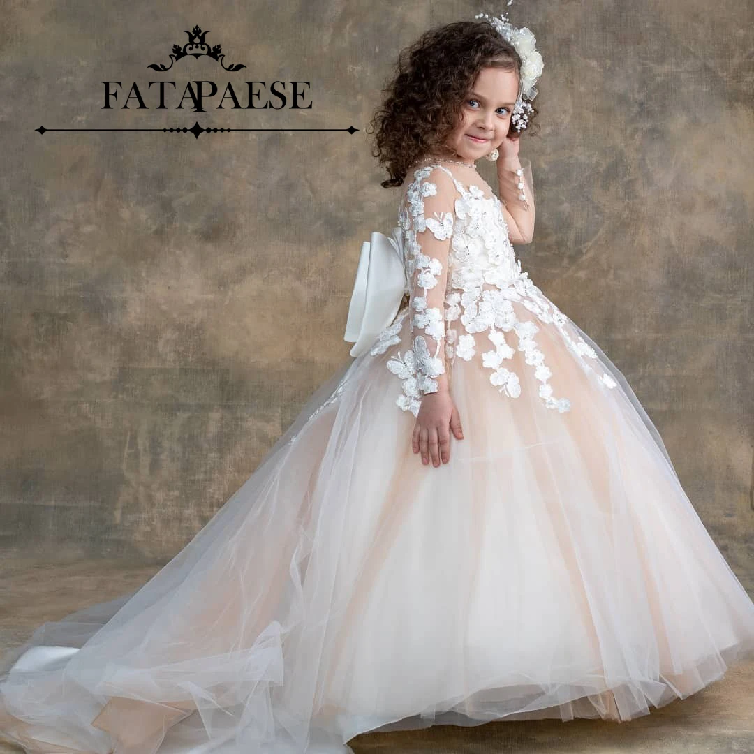 FATAPAESE Maßgeschneidertes Blumenmädchenkleid für Kinder, Vintage-Stil, Junior-Brautjungfer, Kleinkind, Illusion, Spitze, Blumen-Tüll, Hochzeit, Abendparty