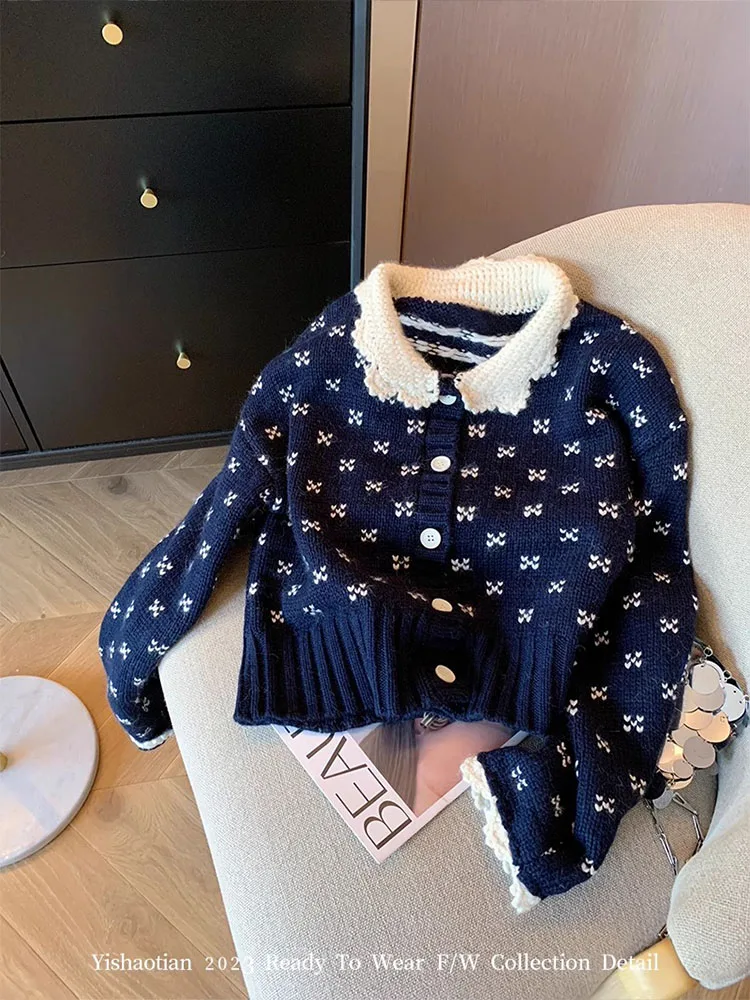 Autumn Winter Office Lady Navy Cardigans Turn-Down Collar Cozy Crochet Sweater Knitted Outerwear Print Preppy Style Gothic Y2K