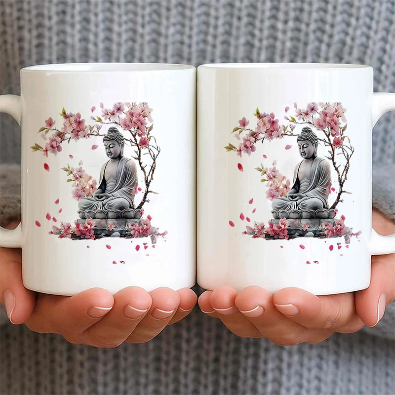 Buddha Statue Cherry Blossom Print Ceramic Coffee Mug, 11oz 350ml Personalized Custom Mug, Colorful Print Cute Aesthetic Mug, Mi