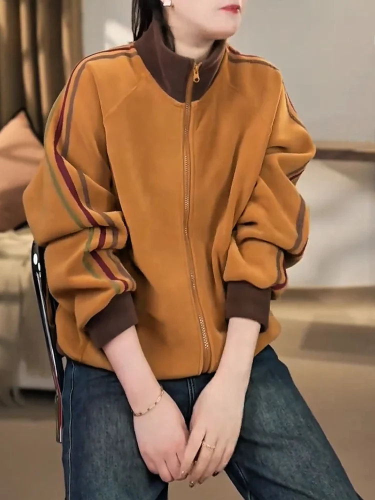 

Korean Sle Striped Patchwork Stand Collar Jaet plus Size Versatile Slimming Agel Top for Autumn Season Women's Wear