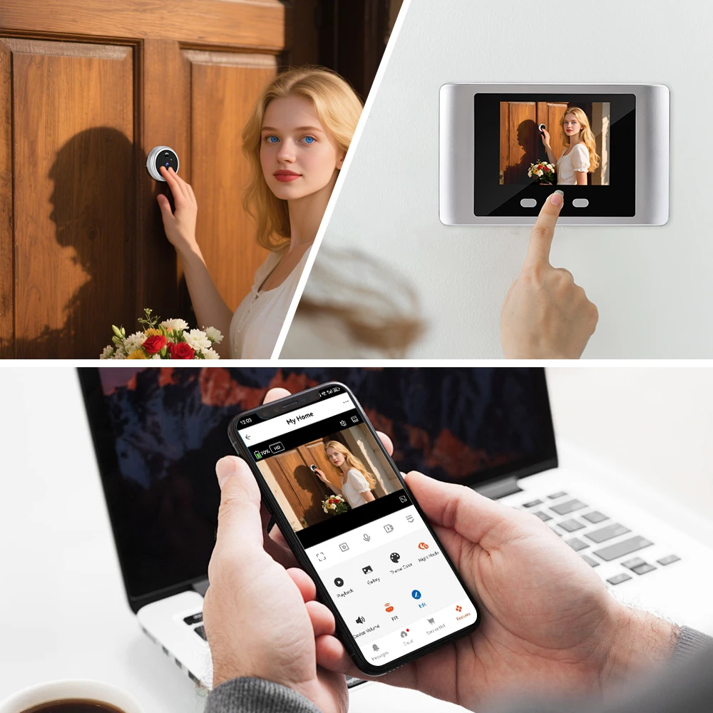Campainha de vídeo de 3MP com tela LCD de 2,8 polegadas PIR Motion Detection Door Bell 100 °   Câmera visualizadora de porta sem fio inteligente grande angular