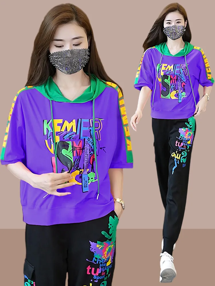 

Fashionable Casual Women's Sportswear Set Summer 2026 Large Size Two-Piece Ensemble Stylish Trendy Short Sleeve Hoodie And Pants