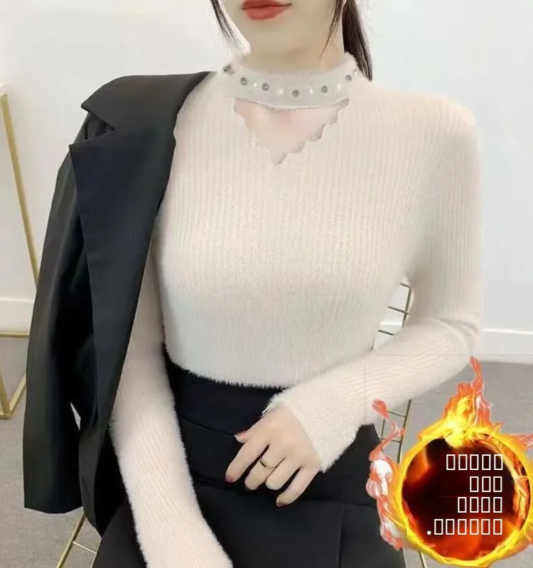 

Thiened Fce Women's Knitted Sweater Mink Velvet Hollow out Design Slimming Sle for Autumn Winter Cotton Blend Long Sve