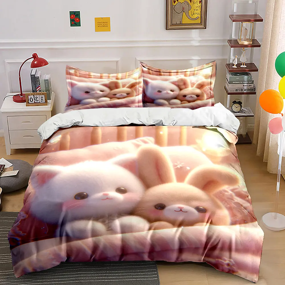 Cute kitten and bunny cuddling in bed Duvet Cover Set with 3D Printing Design Soft Polyester Bedding Set All-Season Comfort