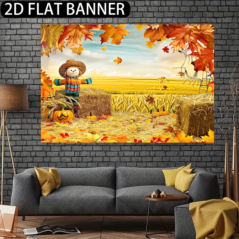 قطعة واحدة من قماش خلفية عيد الشكر لحصاد الخريف - قطعة واحدة من اليقطين والقش ونمط أوراق القيقب