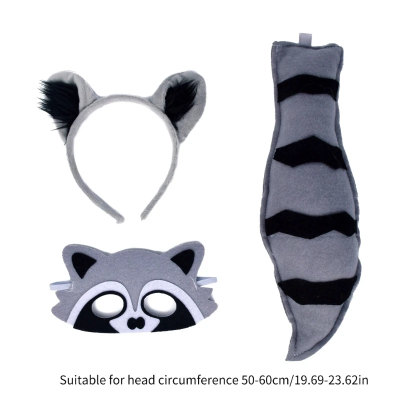 3Pcs Raccoon Costumes for Boys Girls Cosplay Raccoon Ears Headband Tail Eyemask Animal Fancy Costume Accessories