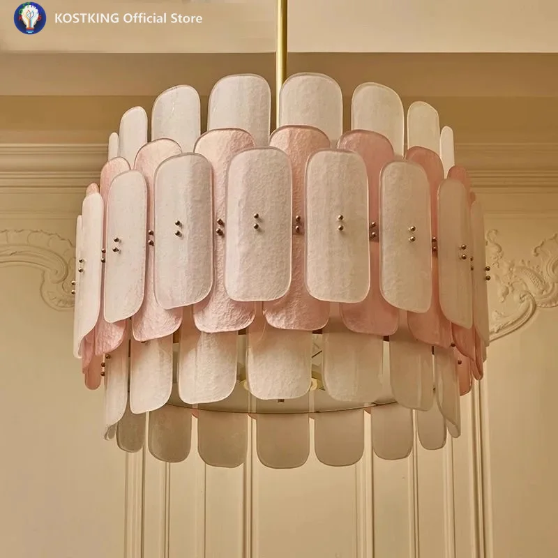 

French-style living room chandelier main light, villa simple and retro glass lamp, bedroom and study chandelier