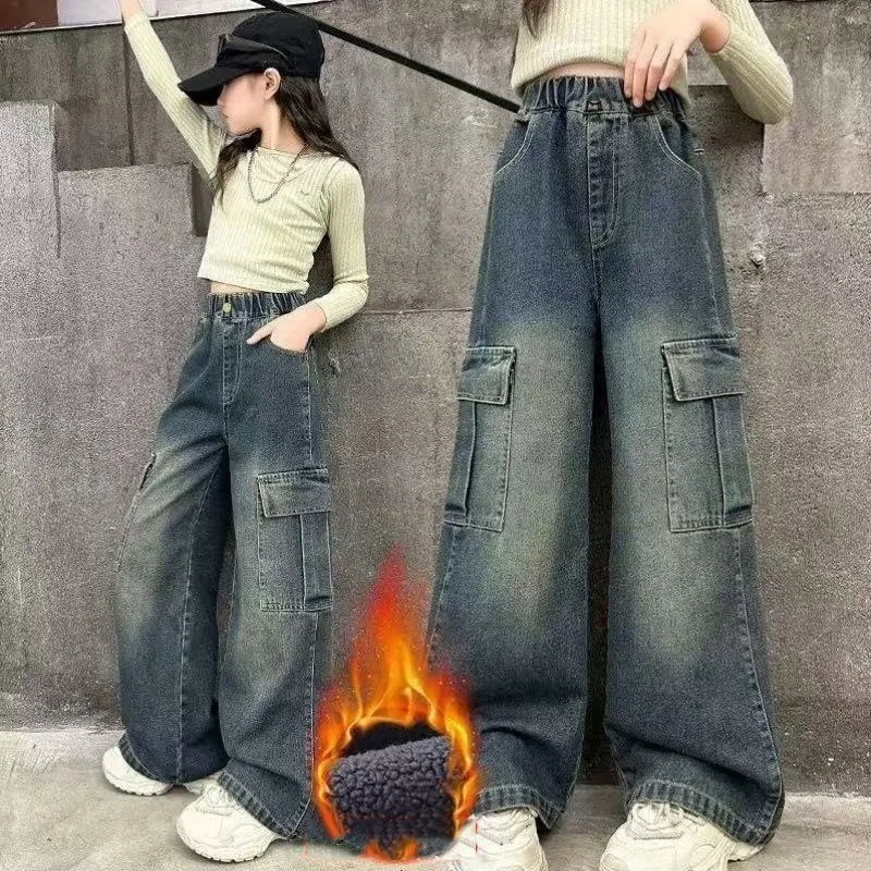 Winter 4-14 Jahre Mädchen Jeans UNITIM Fleece Dicke Kinder Mädchen Denim Hosen mit Liebe-Tasche Teenager Mädchen Integrierte Gerade Hosen – Detail 4