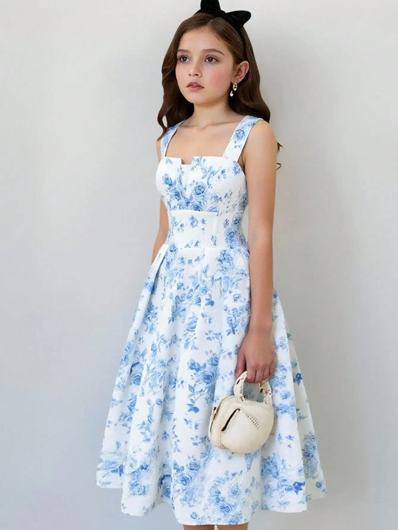

Blue Floral Print Square Neck A-Line Midi Dress for Girls