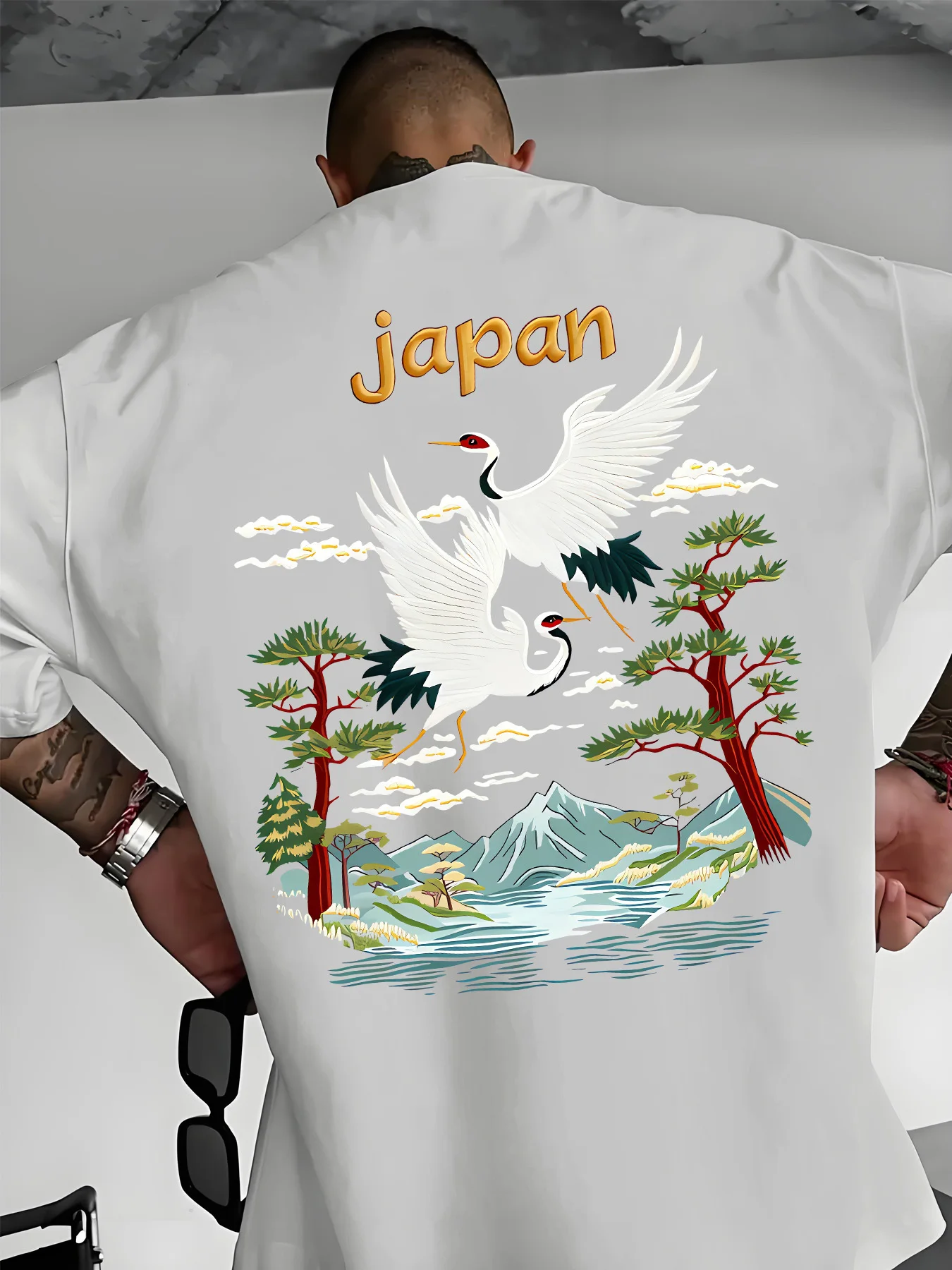 Men's 100% Cotton Japan Style T-Shirt Summer Loose Breathable Fashion Crane & Mount Fuji Print Casual Streetwear Tee Comfortable