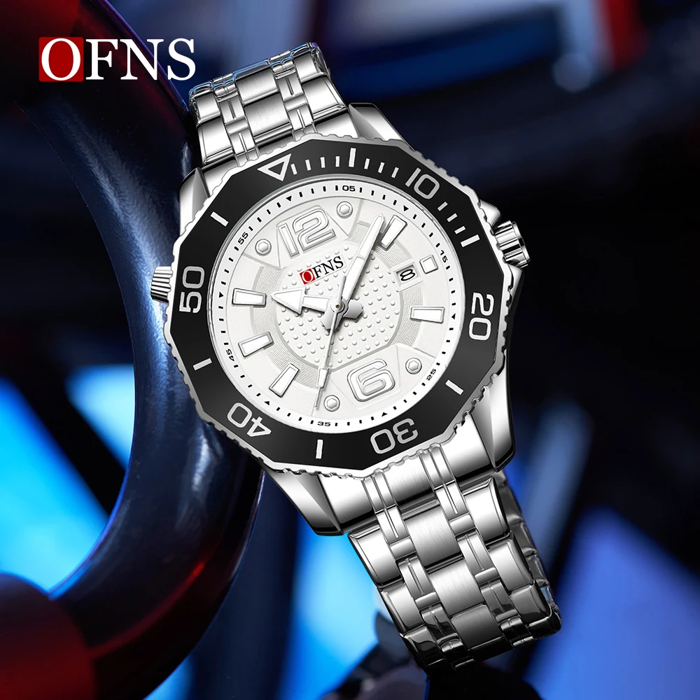 OFNS 1625 Casual Men's Quartz Wristwatch Calendar Luminous Waterproof Steel Strap Fashion Sports Watches for Man