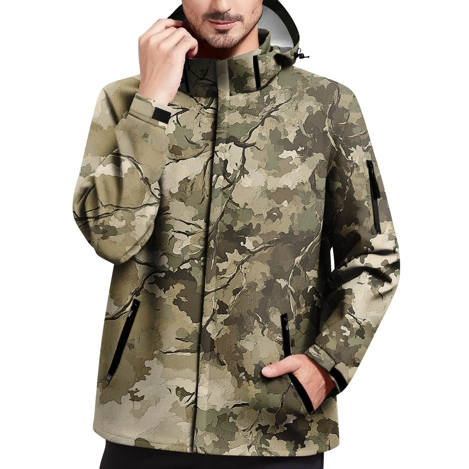 

Men Camo Hooded Outdoor Jacket Waterproof Hiking Windbreaker Quick Dry Running Sports Coat Lightweight Rainproof