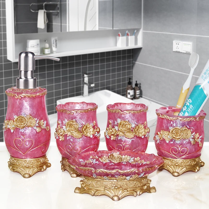 European 5pcs Bathroom Set/Resin Bathroom Accessories Kit/Toothpick Holder/Soap Dispenser/Tooth Brush Holder/Cup Soap Dish Tray