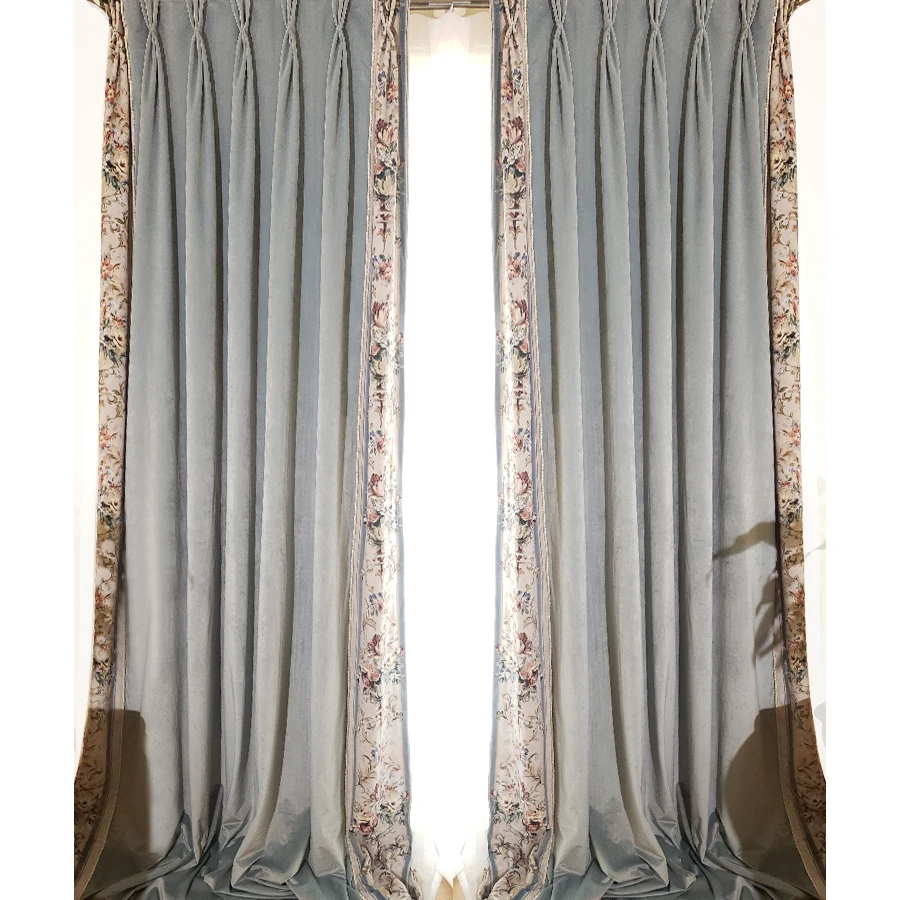 Pastoral Printed Mosaic Light Blue Velvet Light Blue Thickened Blackout Curtains for Living Room Bedroom French Window