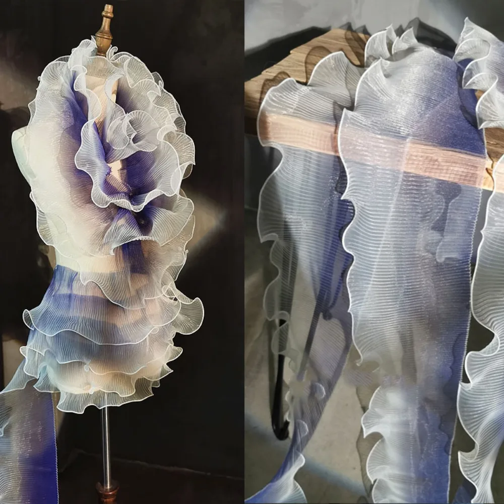 

White Purple Gradient Ruffle Large Lace Trim Organza Fabric Tulles Telas Designer DIY Sewing Fabric Accessories 3D Fold Pleated
