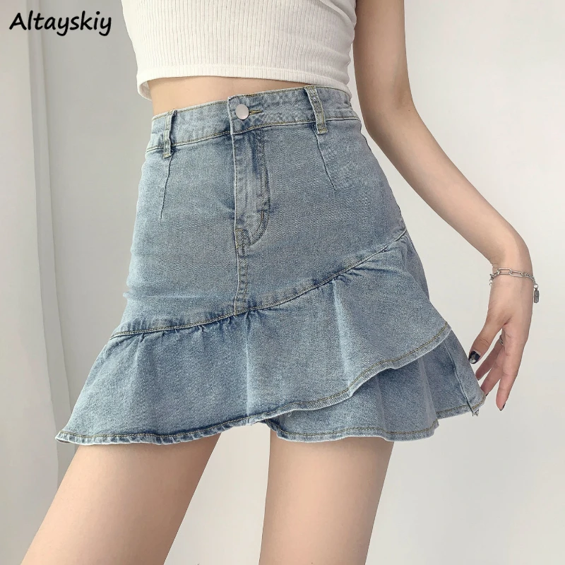 

Tiered Denim Skirts Women Mini Chic Hotsweet Gentle Vintage Summer High Waist Korean Style Girl Faldas Streetwear A-line Ruffles