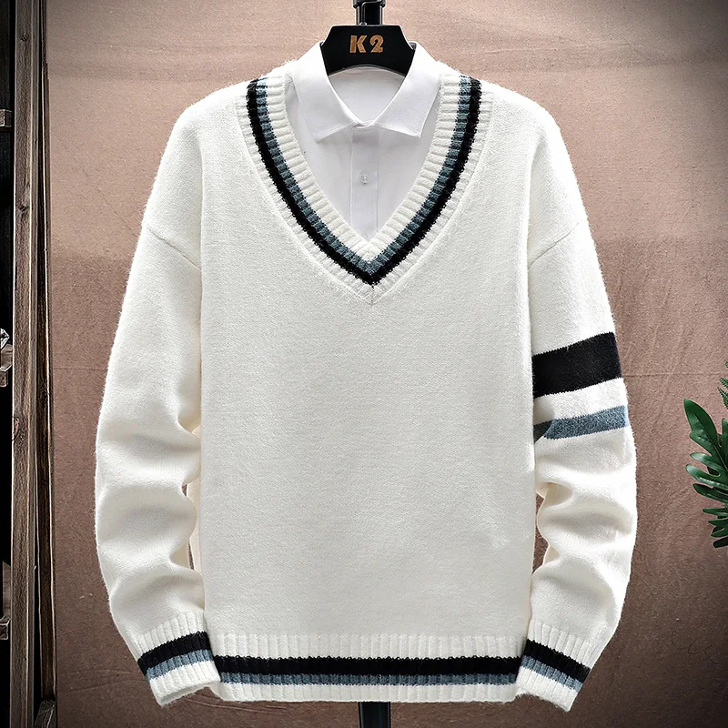 Otoño e Invierno nuevos hombres de moda salvaje casual suelto coreano tejido con cuello en V suéter cómodo de manga larga