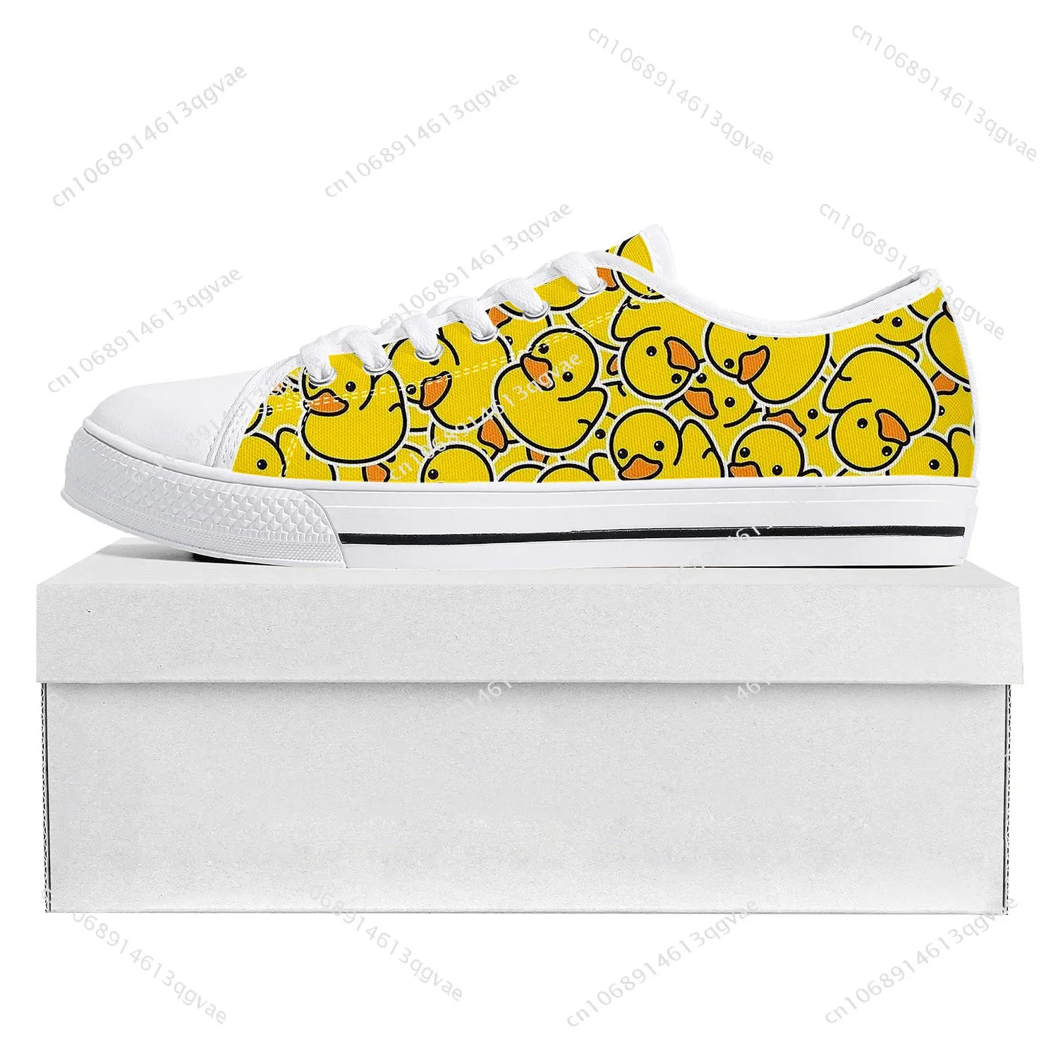 Tênis estampado pato amarelo para homens e mulheres, baixo top, tênis de lona, personalizado, branco, casual, casais, adolescente, alta qualidade