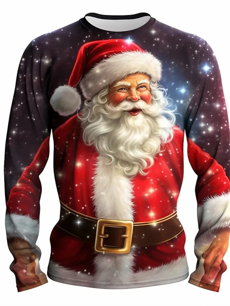 

Fashion 3D Print Christmas Long Sleeve T-Shirts Santa Claus Pattern Round Neck Pullover Loose Fall Winter Festival Party Clothes