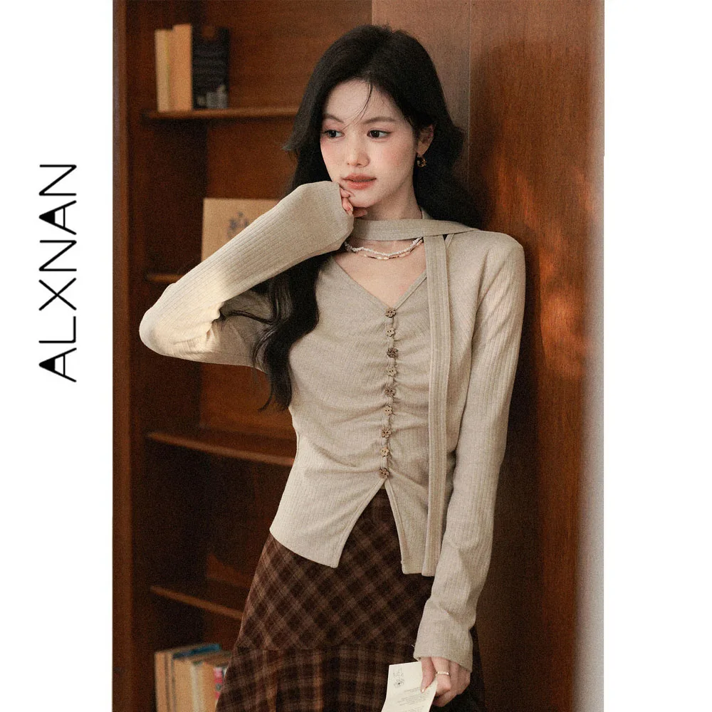 ALXNAN Oatmeal Long Sleeve T‑shirt Women Autumn Wooden Flower Buttons Pleated Split Design Pullover with Free Ribbon Top L67832