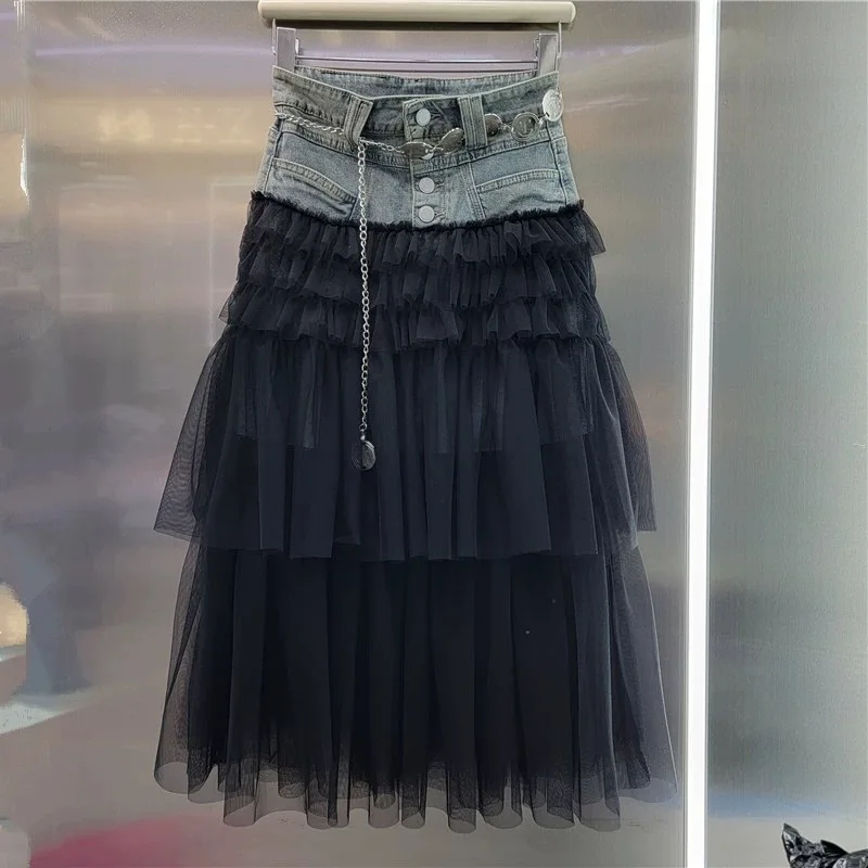 WTHT موضة جديدة للمرأة تقسم متعدد الطبقات الشاش الدنيم التنانير 2025 الصيف العصرية عالية الخصر ألف خط تنورة طويلة الإناث 1LS2144