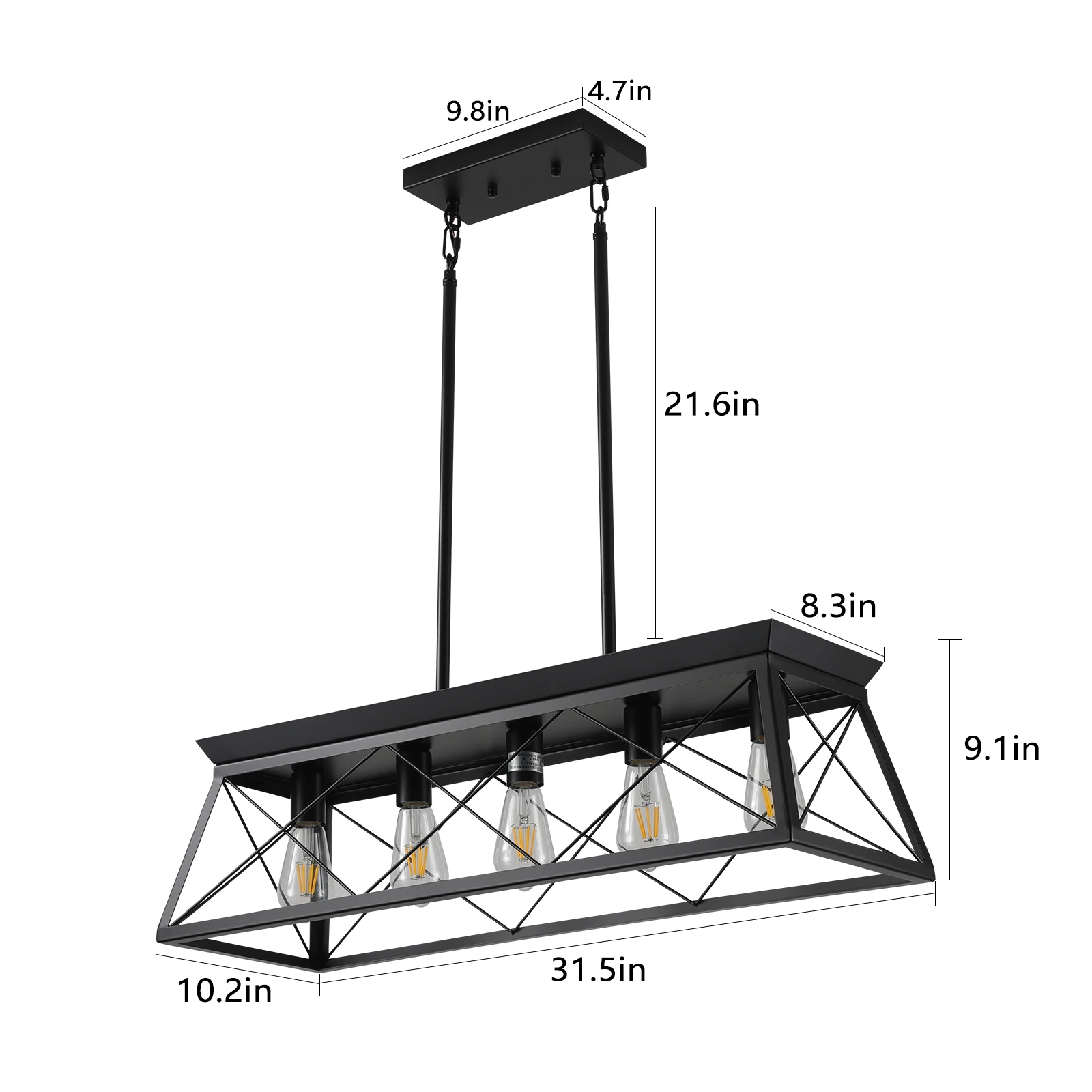 5-lichts boerderijkroonluchters voor eetkamer, metalen rustieke, in hoogte verstelbare hanglamp (geen lampen)