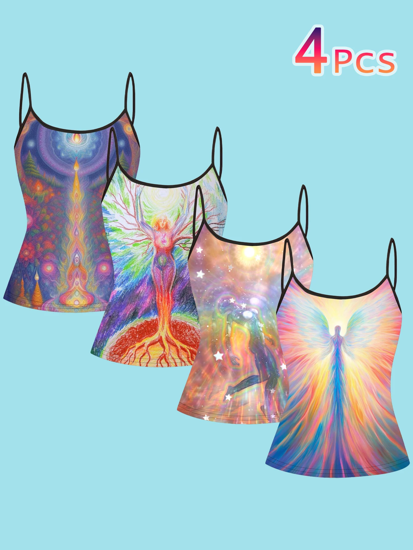 4-Piece Set of Women's Spiritual Chakra Art Print Camisoles, Tree of Life Angelic Light Body Starry Sky Slim-Fit Spaghetti Strap Inner Tops