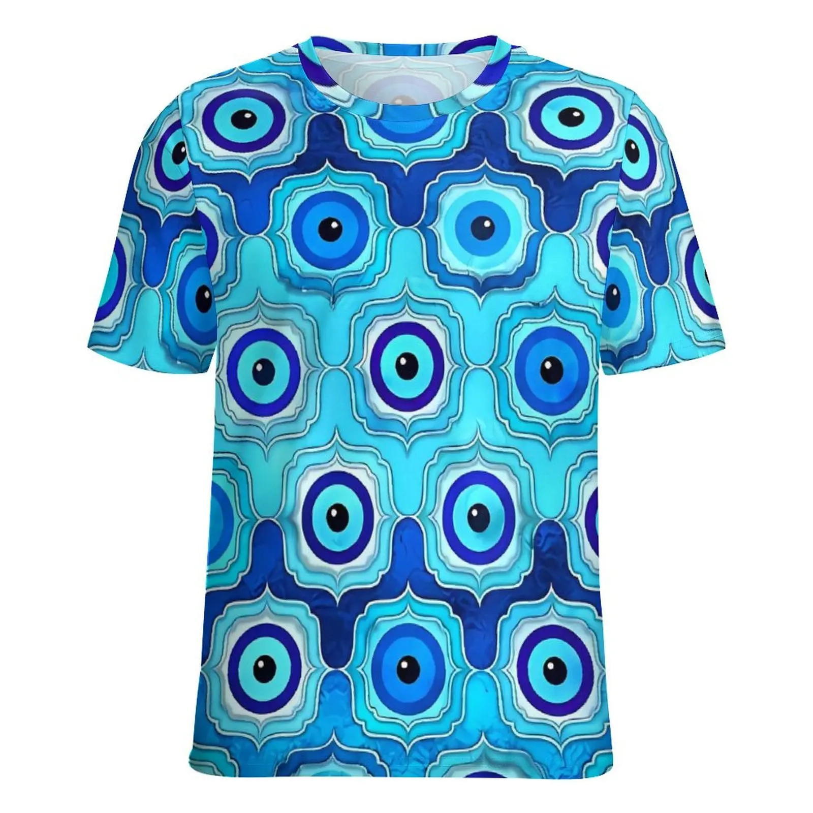 Female T-Shirt Evil Eye O Neck T-Shirts Short Sleeve Blue Glass and Silver Pretty Printed Tops Street Style Top Tees Large Size