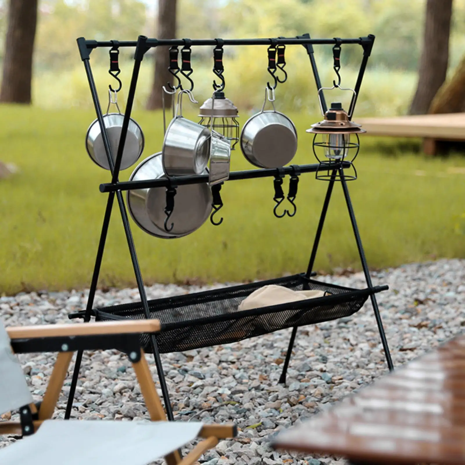 

Camping Cookware Hanging Rack Easily Install Aluminum Alloy Hanging Organizer Multifunction Camping Stand for Parties Gardening