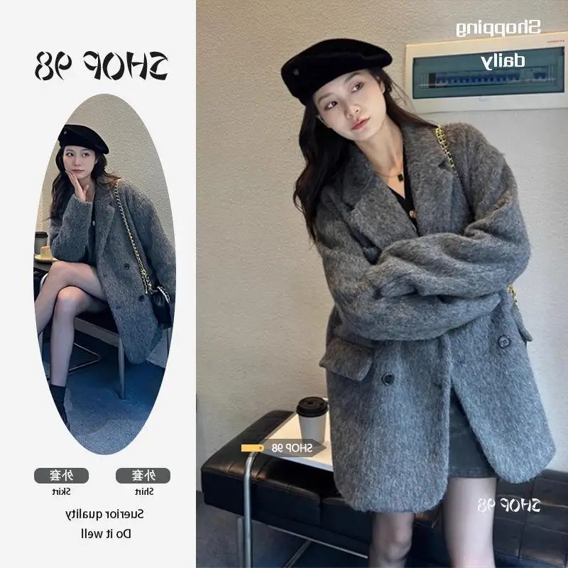 

Grey Suit Woolen Coat for Women in Autumn and Winter, with Added Velvet and Thickened Imitation Wool and Cashmere Woolen Coat