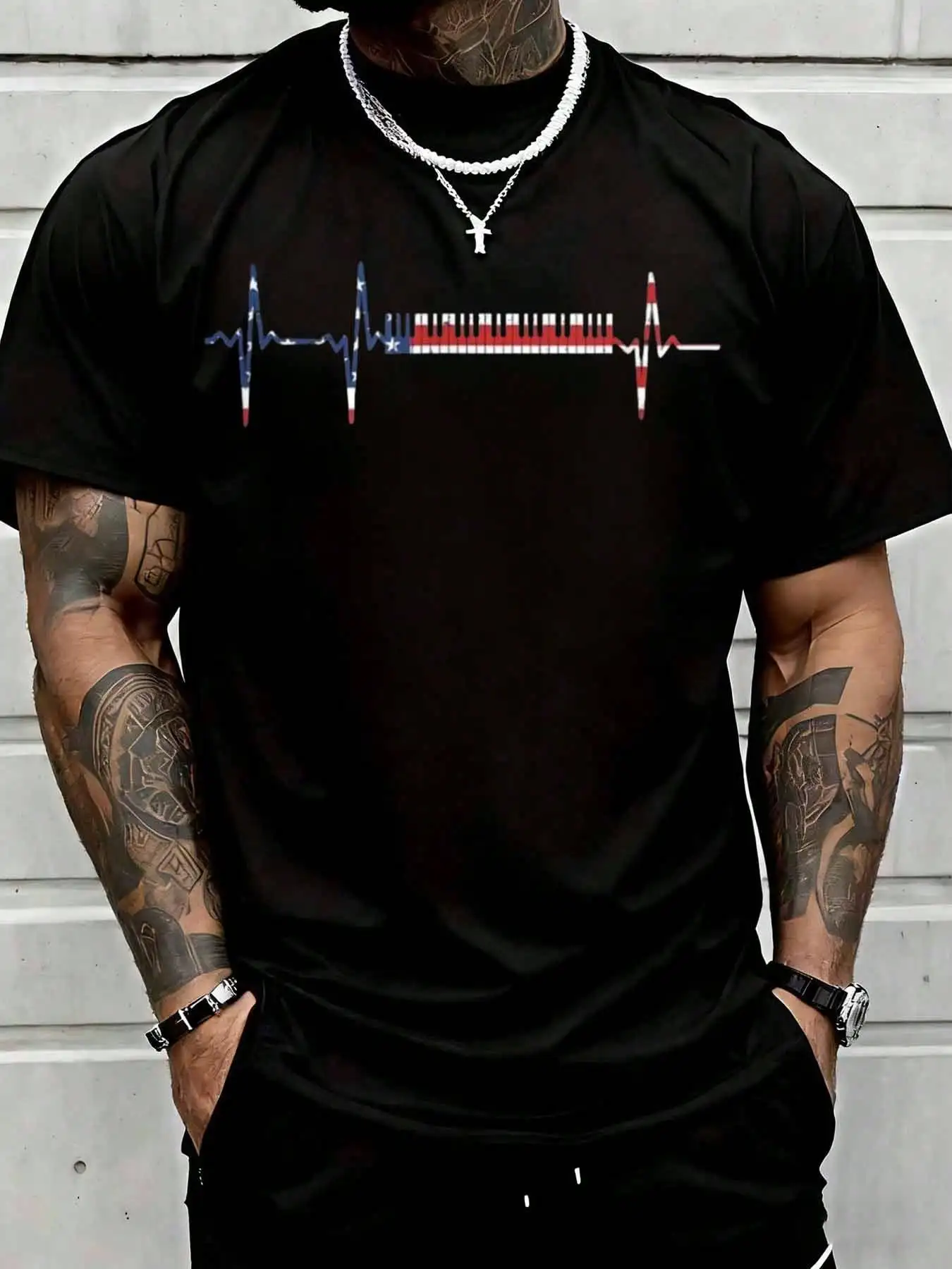 American Flag Heartbeat Piano Key Graphic Tee Shirt For Men Patriotic Music Lover Top Suitable For Casual Sports Wear