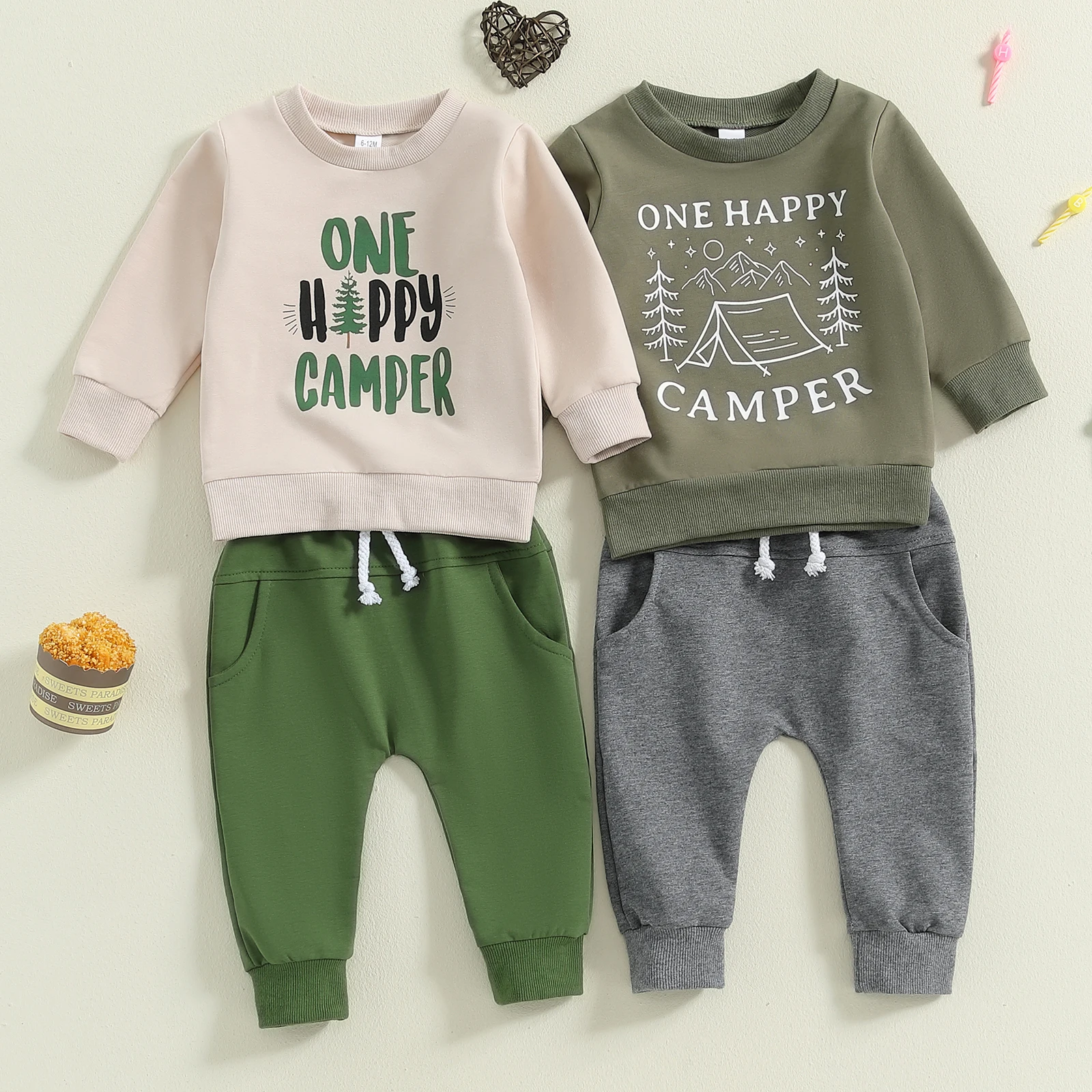 Ensemble pull et pantalon à manches longues et col rond pour bébé garçon, tenues imprimées arbre et lettre, vêtements pour le 1er anniversaire, 2 pièces