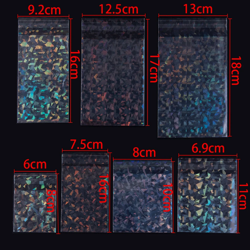 50pcs Holographic Laser Self Adhesive Bag Transparent Laser Fragment Plastic Pouch for Flash Badge Package Bag Card Sleeves