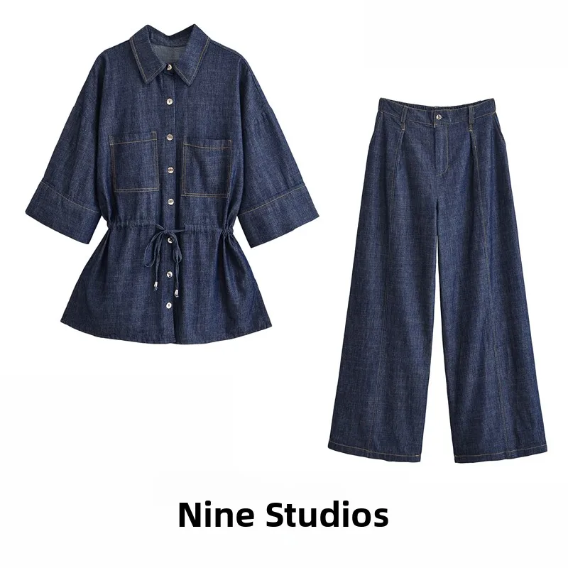 Conjunto de Moda Fena Casual com Csa Jeans e Cinto Ajustável, Estilo de Botão, Calças Longas de Manga Sete para a Temp...